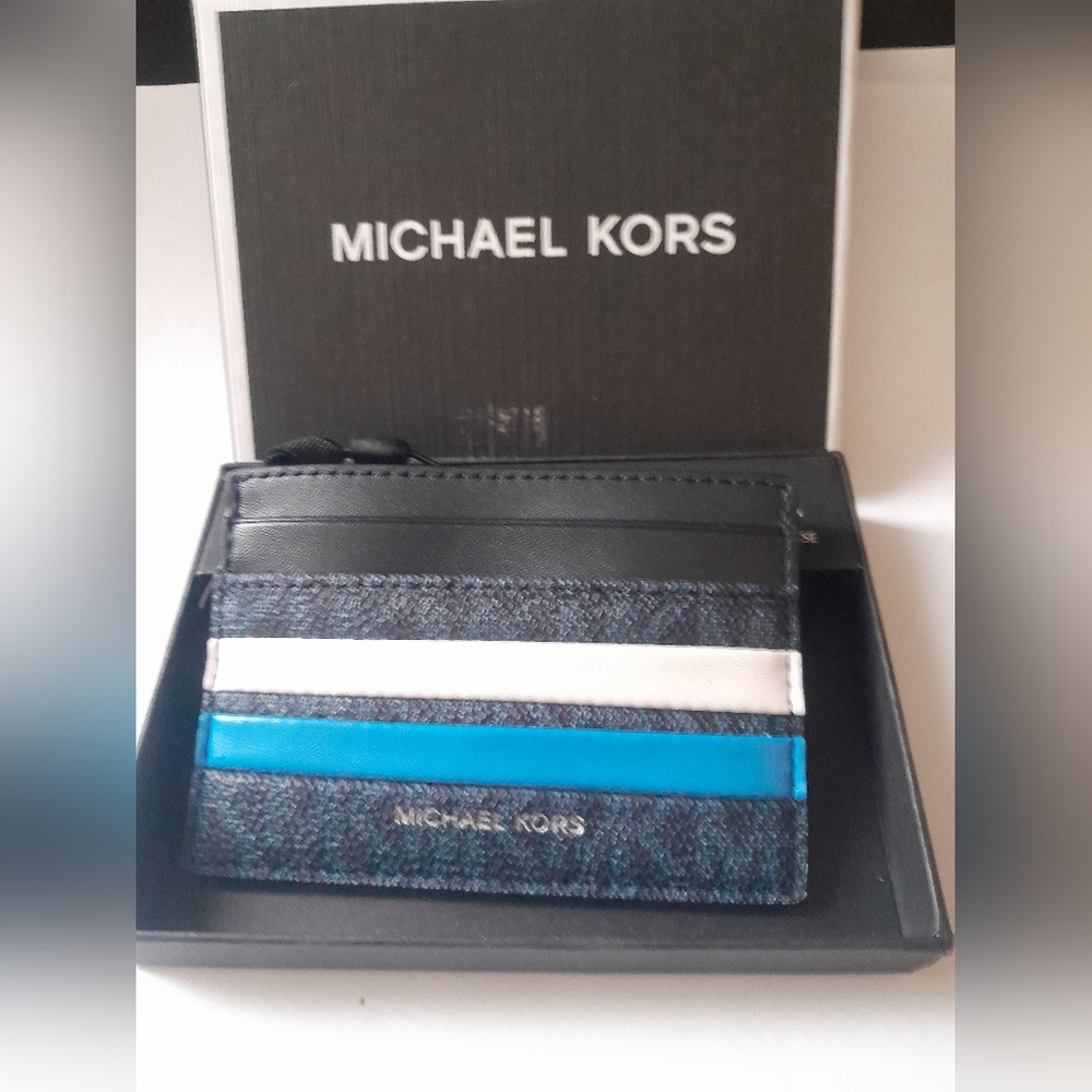 New Michael Kors Men's Card Case In Multi Blue ColorBlock NWT In Gift Box